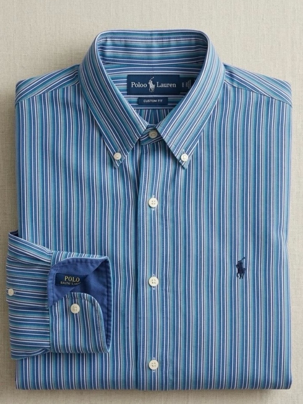 Ralph Lauren Shirt Mens L Custom Fit Blue Striped Long Sleeve Button Down